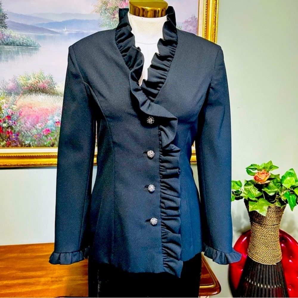 Vintage Junior Accent Black Ruffle Front Rhinestone Button Blazer Jacket